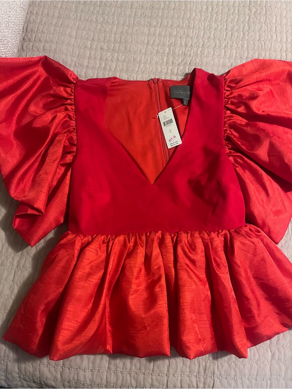 Sunday in Brooklyn Red Puff-Sleeve Peplum Top